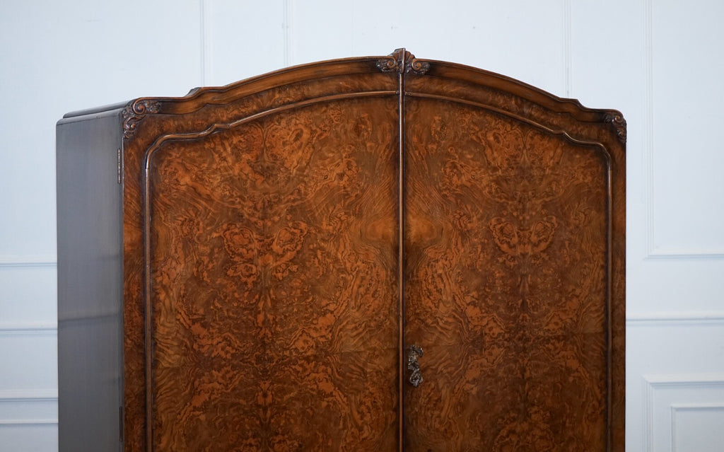 GORGEOUS ART DECO BURR WALNUT DOUBLE WARDROBE WITH MiRROR