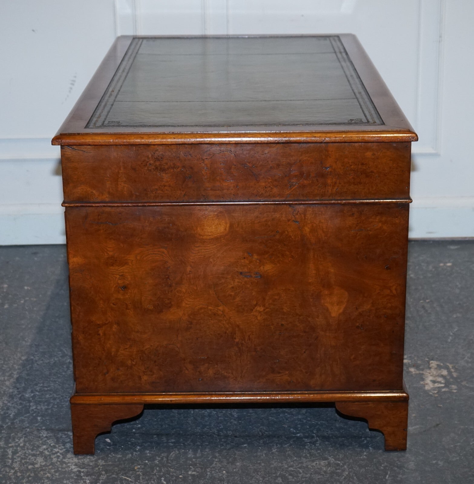 ONE OF A KiND RESTORED VICTORIAN BURR WALNUT HAND DYED LEATHER PEDESTAL DESK