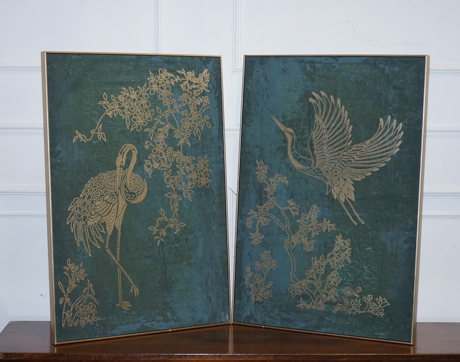 LOVELY PAIR OF PEACOCK ROOM ART PRINTS WALL DECOR TORQUOISE AND GOLD FRAMES