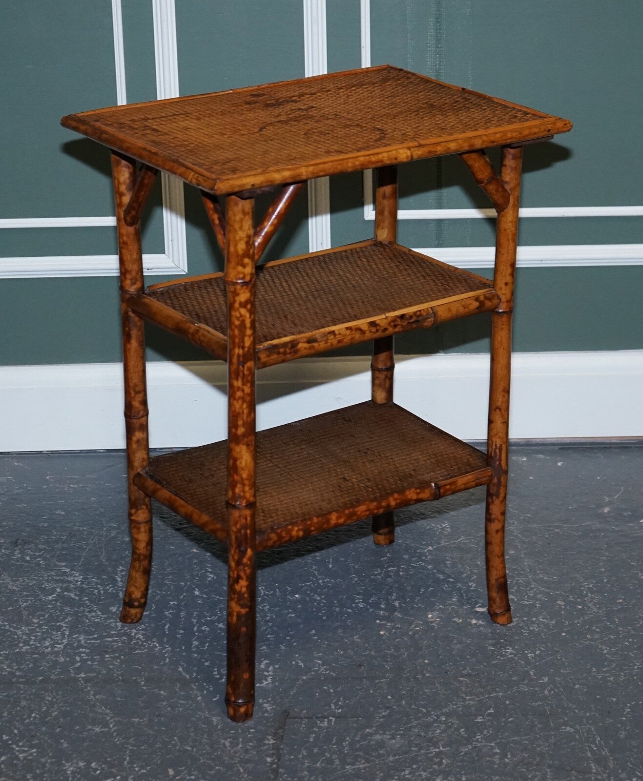 ANTIQUE ENGLISH BURNT BAMBOO THREE TIER SIDE END LAMP TABLE