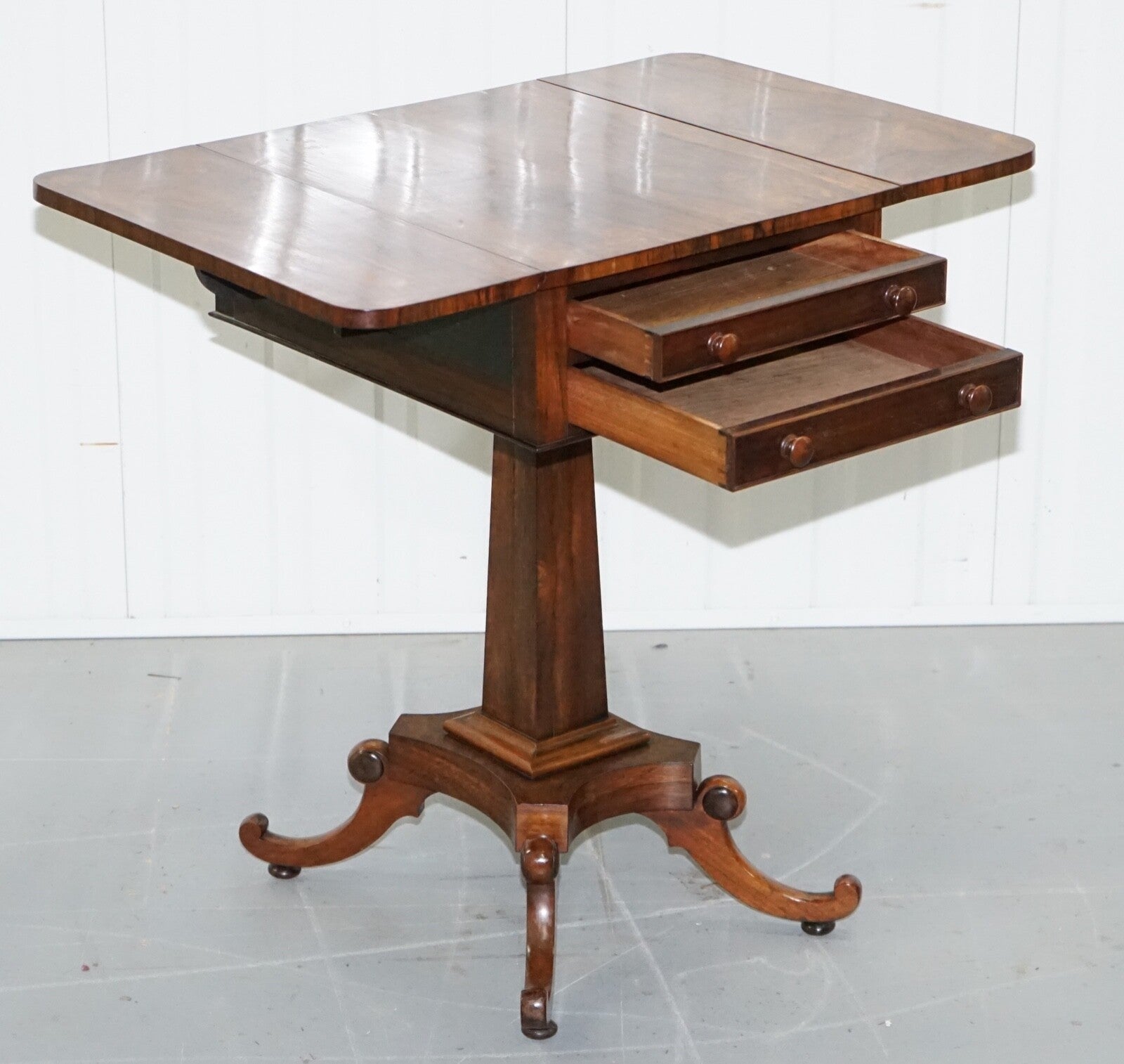 STUNNING REGENCY ROSEWOOD WORK TABLE WITH DROP LEAVES AND TWO DRAWERS