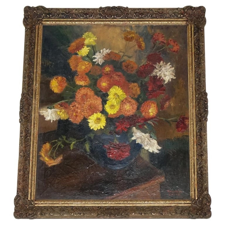 STILL LIFE PAINTING FLORAL BOUQUET GILTED FRAME SIGNED RUSSEL WHITE 1953