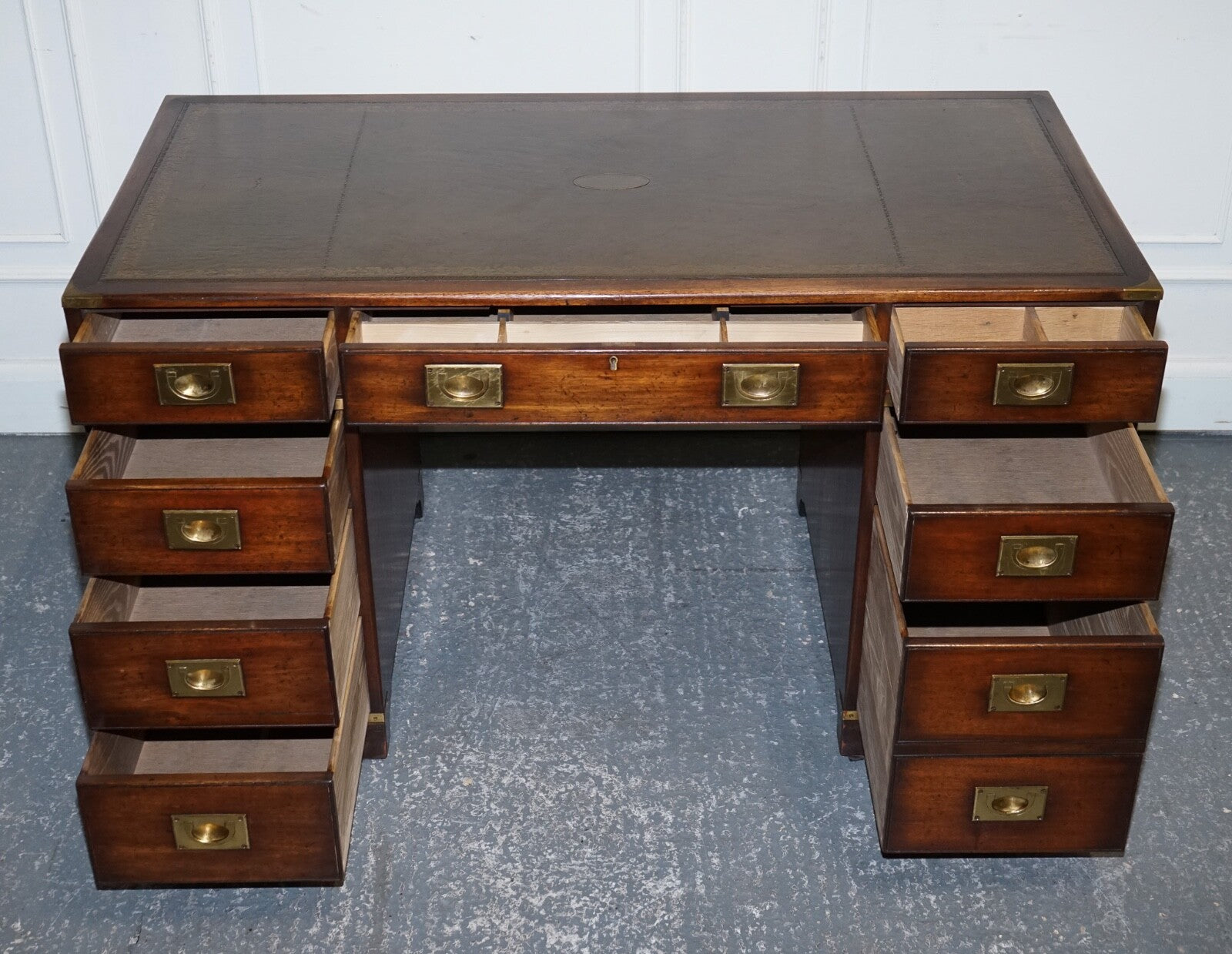 MILITARY CAMPAIGN TWIN PEDESTAL DESK WITH AGED GREEN LEATHER TOP BEVAN FUNELL