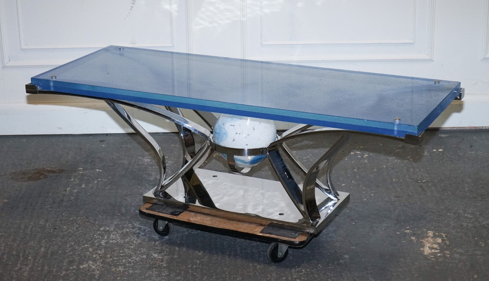 RARE CUSTOM HAND MADE GLASS MARINE GRADE STAINLESS STEEL COFFEE TABLE BY SOLIART