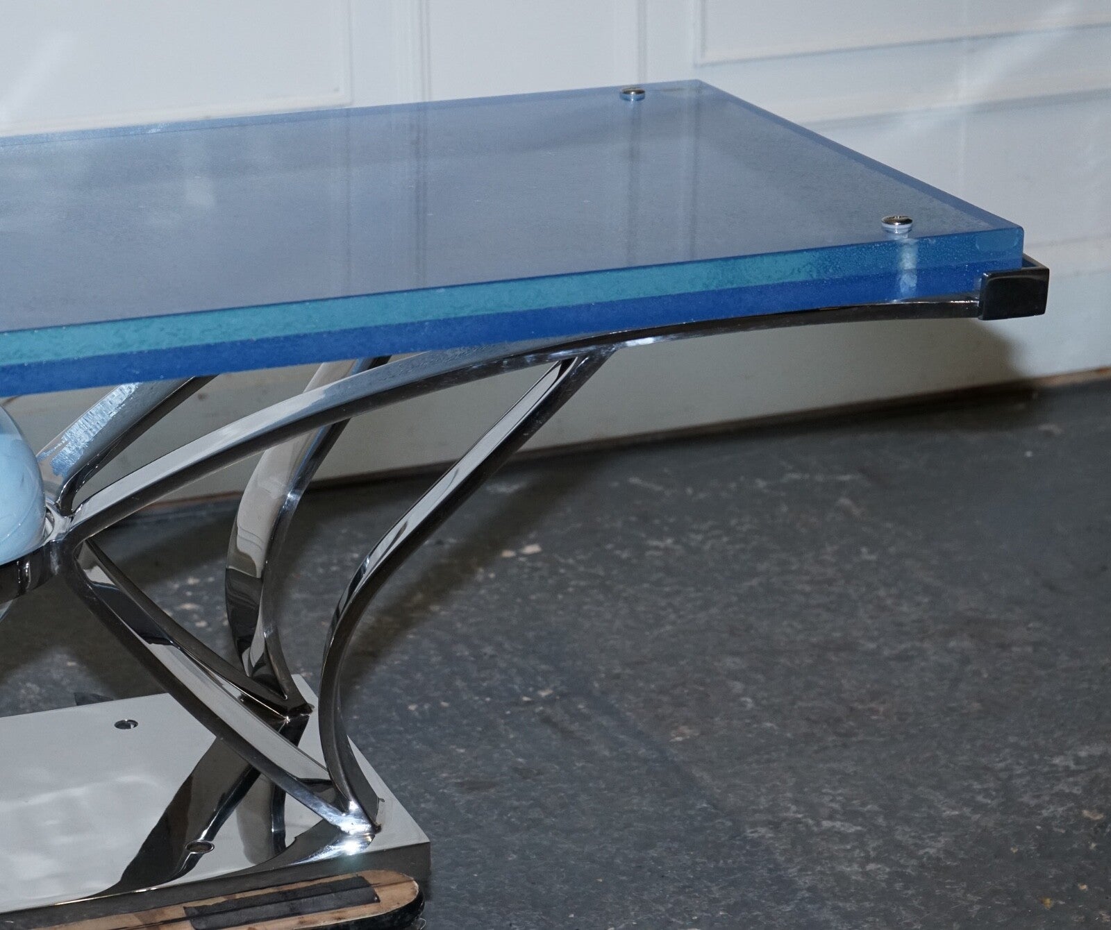 RARE CUSTOM HAND MADE GLASS MARINE GRADE STAINLESS STEEL COFFEE TABLE BY SOLIART