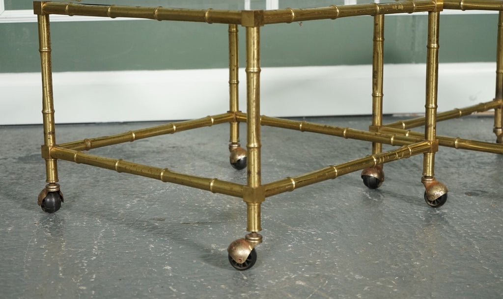 HOLLYWOOD REGENCY GOLDEN BAMBOO COFFEE TABLE SET WITH 2 SIDE TABLES ON CASTORS
