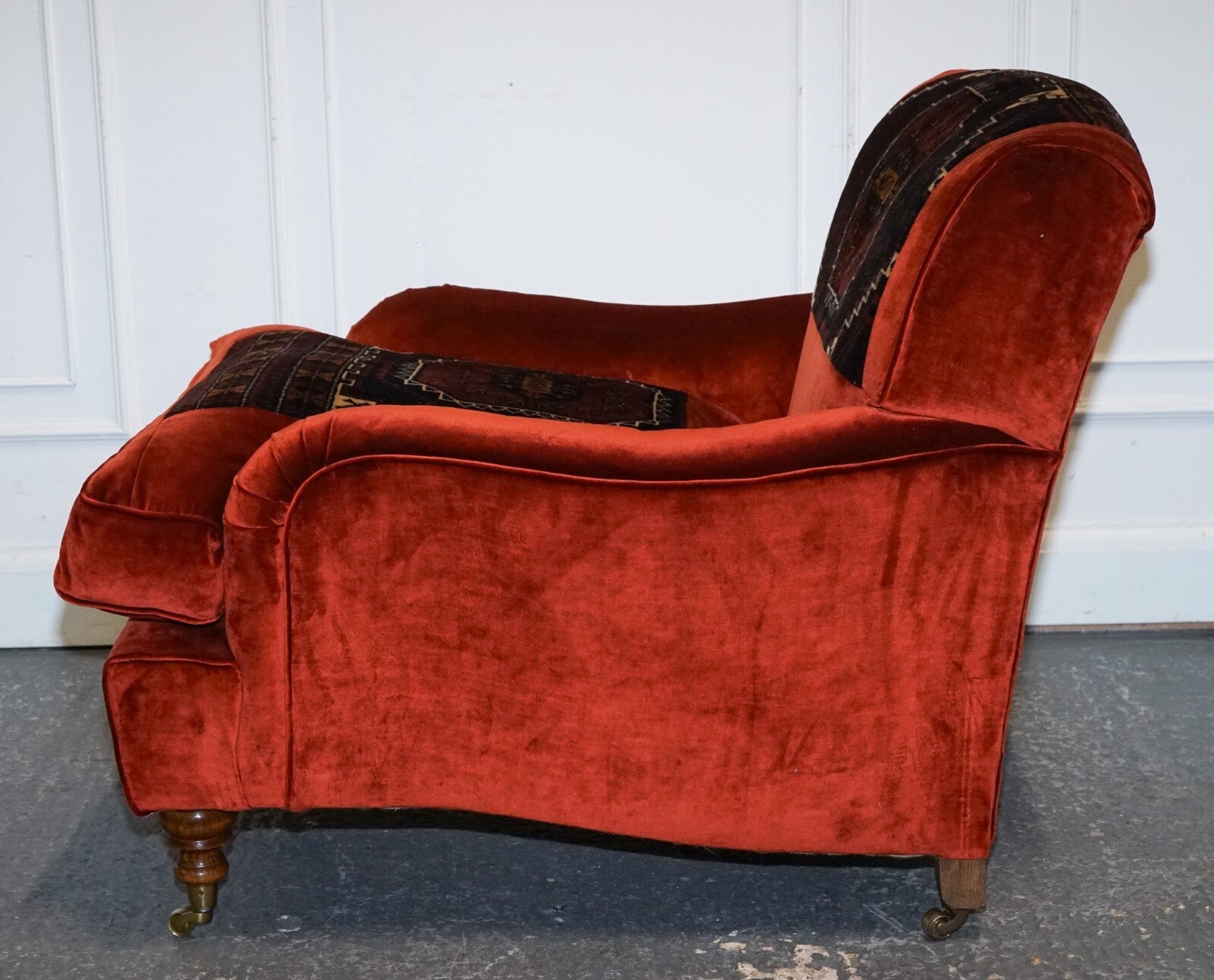 VINTAGE RED VELVET & AZTEC KILIM UPHOLSTERED HOWARD GEORGE SMITH STYLE ARMCHAIR