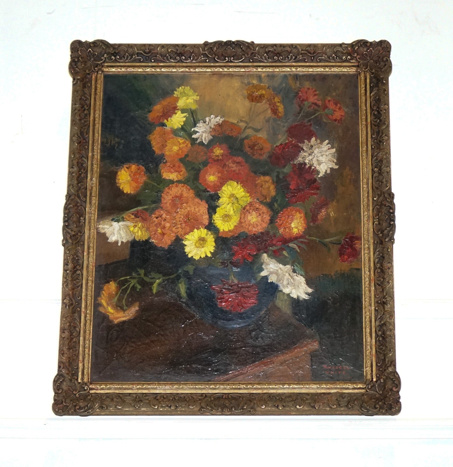 STILL LIFE PAINTING FLORAL BOUQUET GILTED FRAME SIGNED RUSSEL WHITE 1953