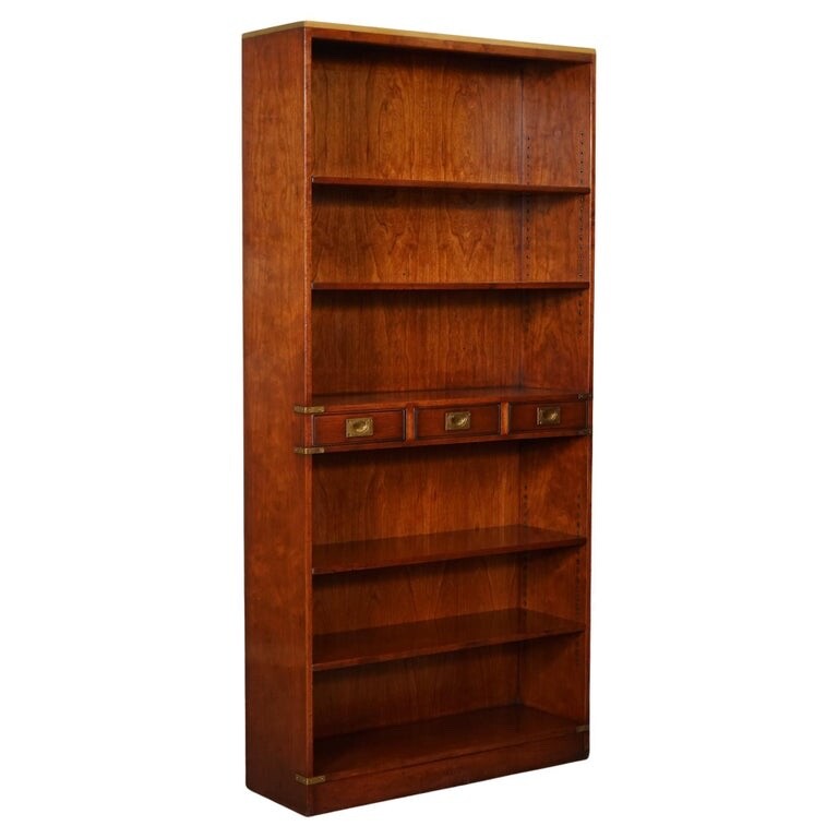HARRODS LONDON KENNEDY THREE DRAWERS BURR YEW WOOD & BRASS MILITARY BOOKCASE