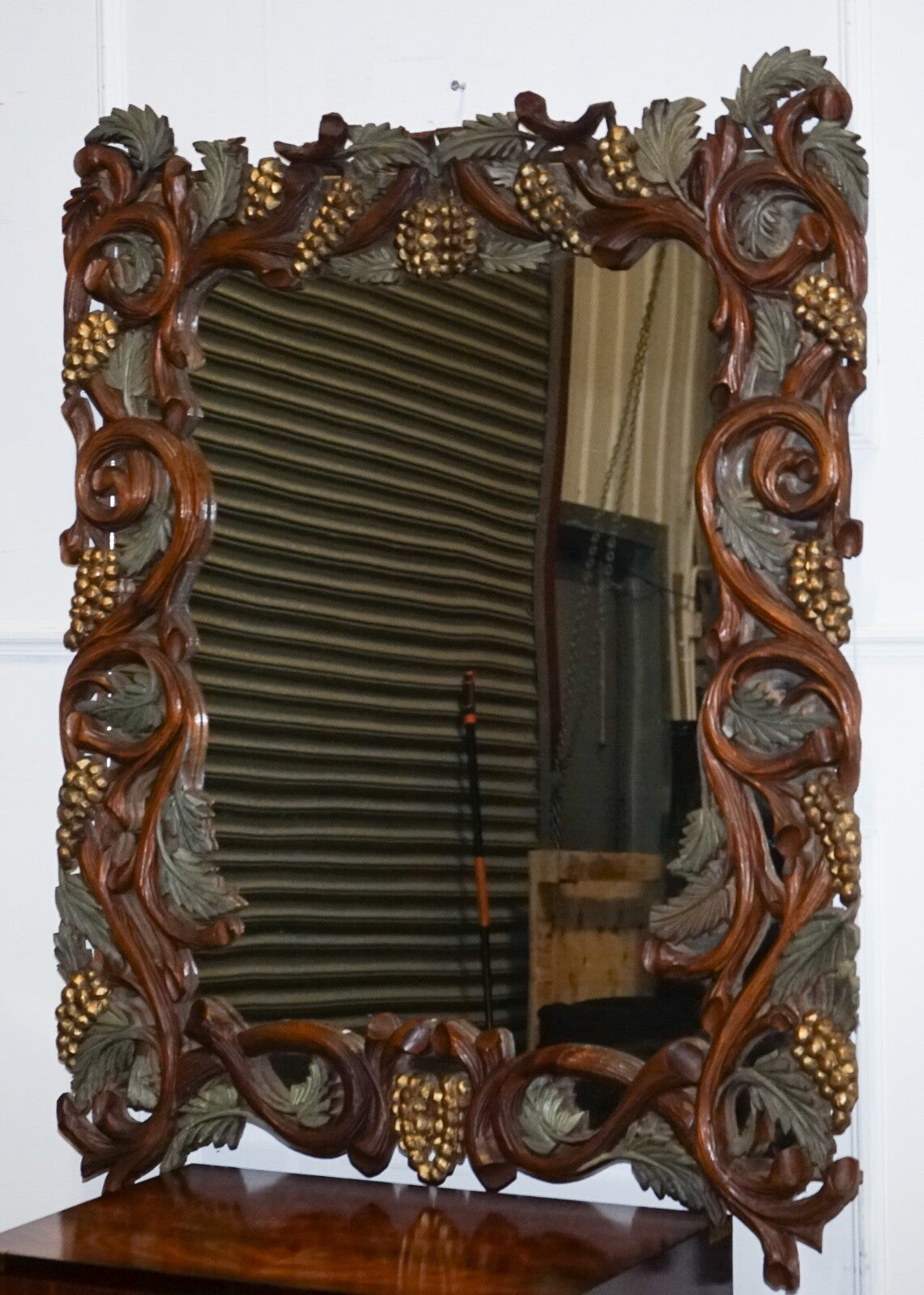 VINTAGE BLACK FORREST STYLE HEAVILY CARVED WOODEN WALL MIRROR VERY DECORATIVE