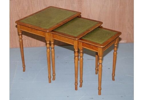 Nest Of Three Yew Wood Green Leather Top & Gold Leaf Embossed Side Tables