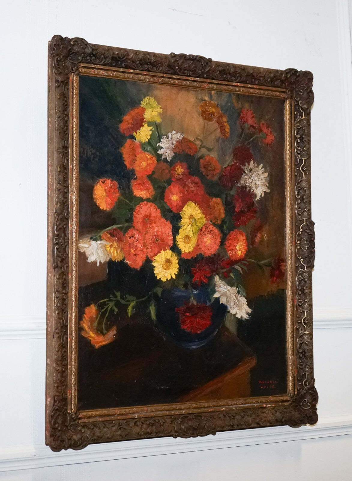 STILL LIFE PAINTING FLORAL BOUQUET GILTED FRAME SIGNED RUSSEL WHITE 1953
