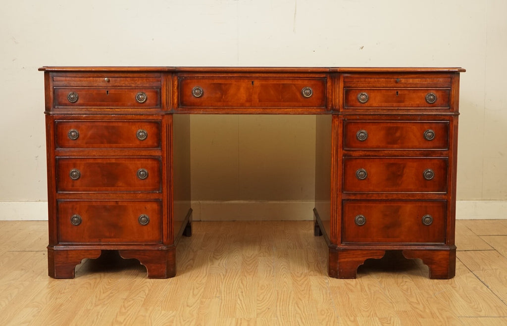 E.G HUDSON FULLY RESTORED TWIN PEDESTAL MAHOGANY DESK WITH GREEN LEATHER TOP