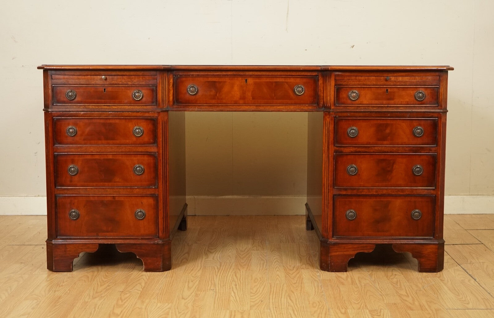 E.G HUDSON FULLY RESTORED TWIN PEDESTAL MAHOGANY DESK WITH GREEN LEATHER TOP