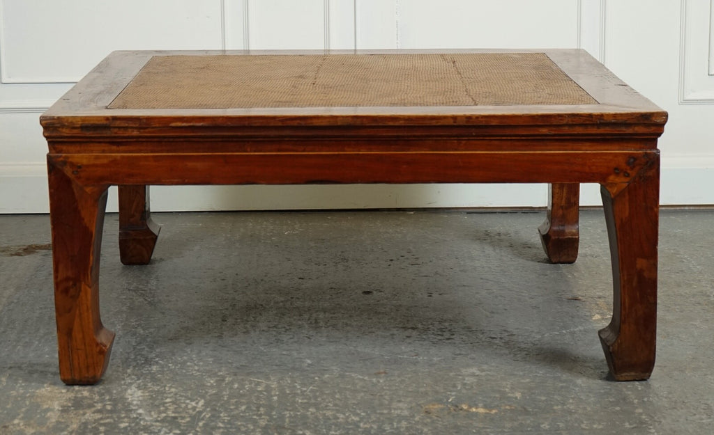 LARGE ANTIQUE CHINESE OPIUM COFFEE TABLE WITH CANE INSET TOP J1