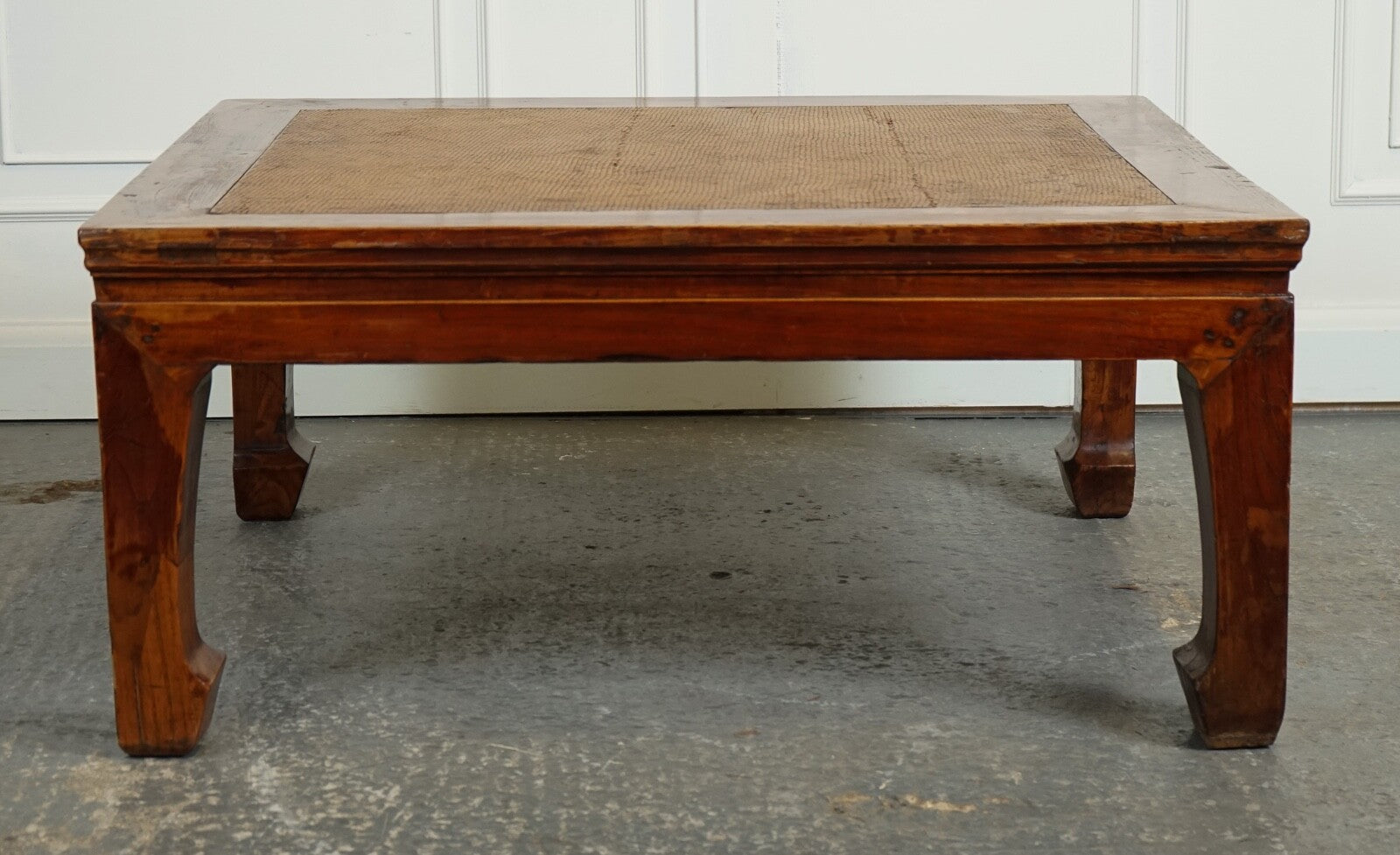 LARGE ANTIQUE CHINESE OPIUM COFFEE TABLE WITH CANE INSET TOP J1