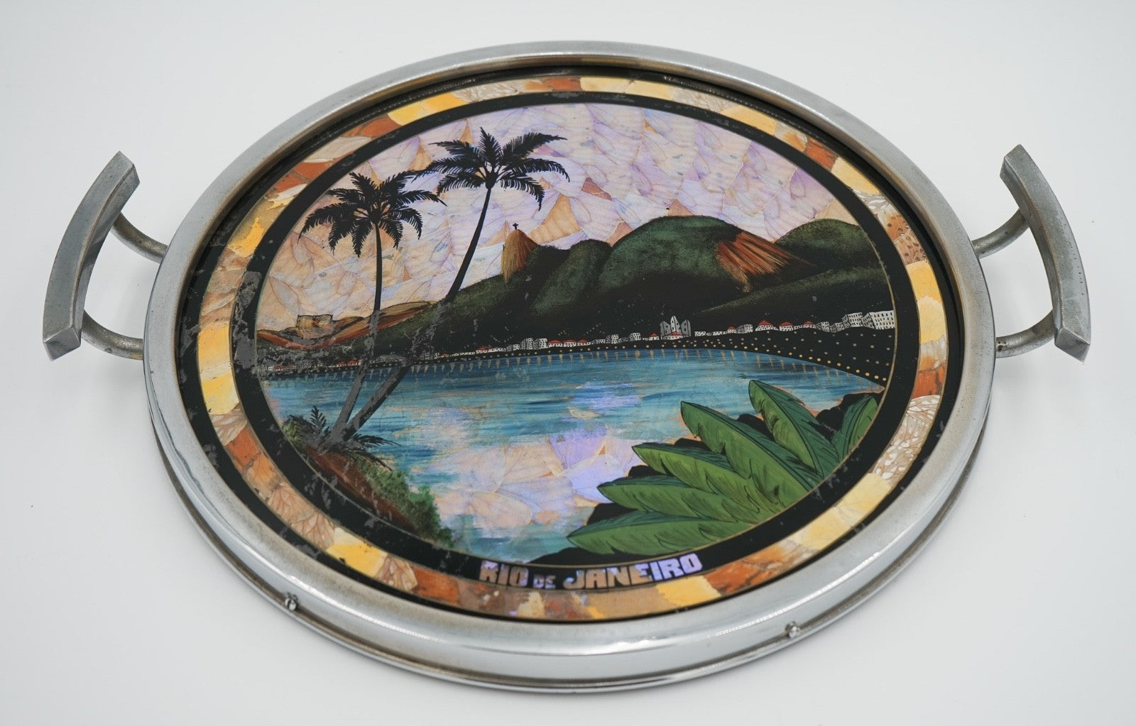 VINTAGE CIRCULAR BRAZILIAN RIO DE JANEIRO METAL TRAY REAL MORPHO BUTTERFLY WINGS