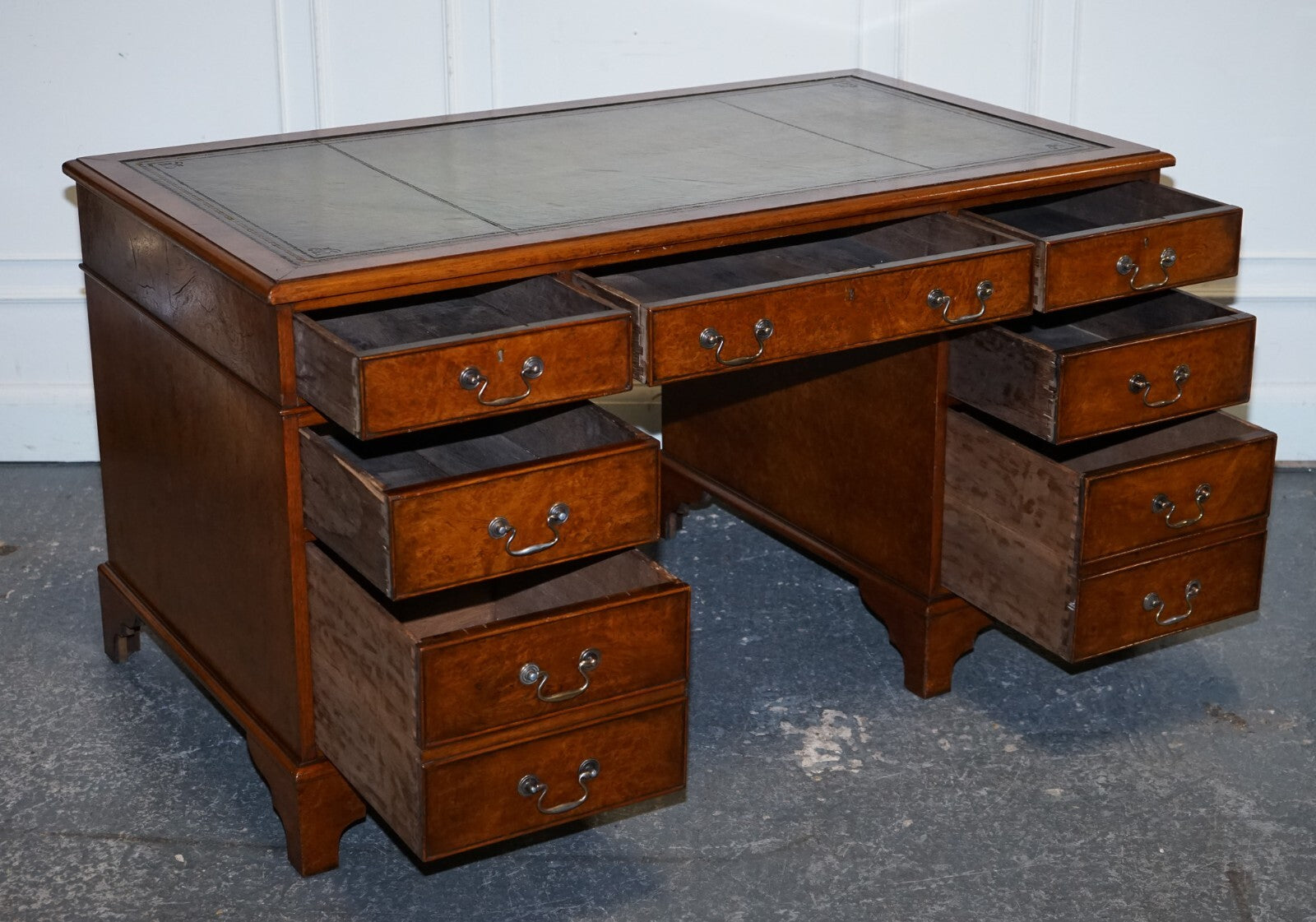 ONE OF A KiND RESTORED VICTORIAN BURR WALNUT HAND DYED LEATHER PEDESTAL DESK