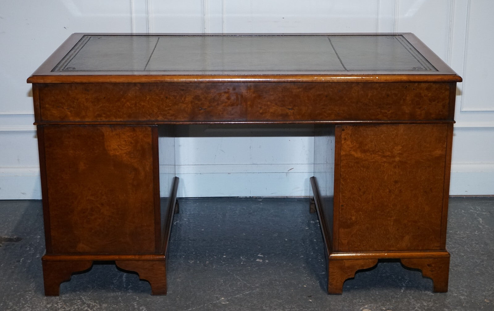 ONE OF A KiND RESTORED VICTORIAN BURR WALNUT HAND DYED LEATHER PEDESTAL DESK