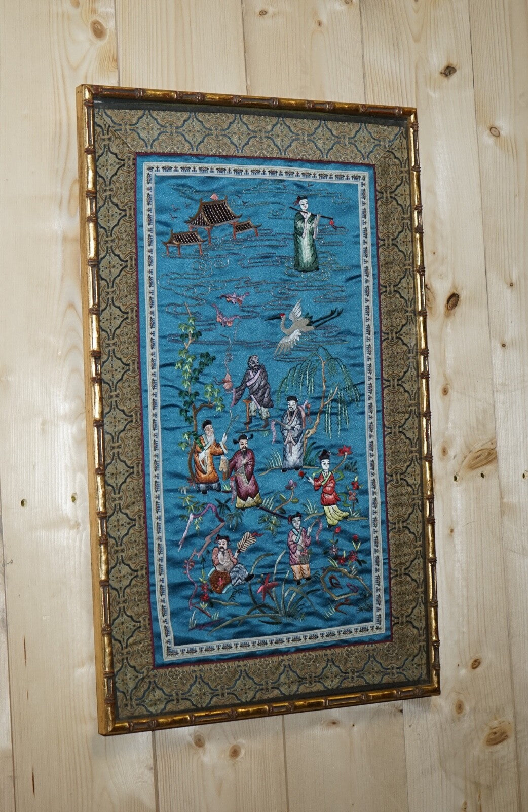 VINTAGE CHINESE HAND EMBROIDERED SILK TAPESTRY PANEL IN FAUX GILT BAMBOO FRAME