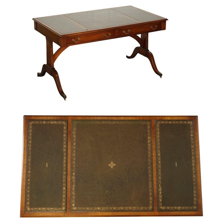 BEVAN FUNNEL REGENCY STYLE TWO DRAWERS WRITING OFFICE DESK TABLE GREEN LEATHER