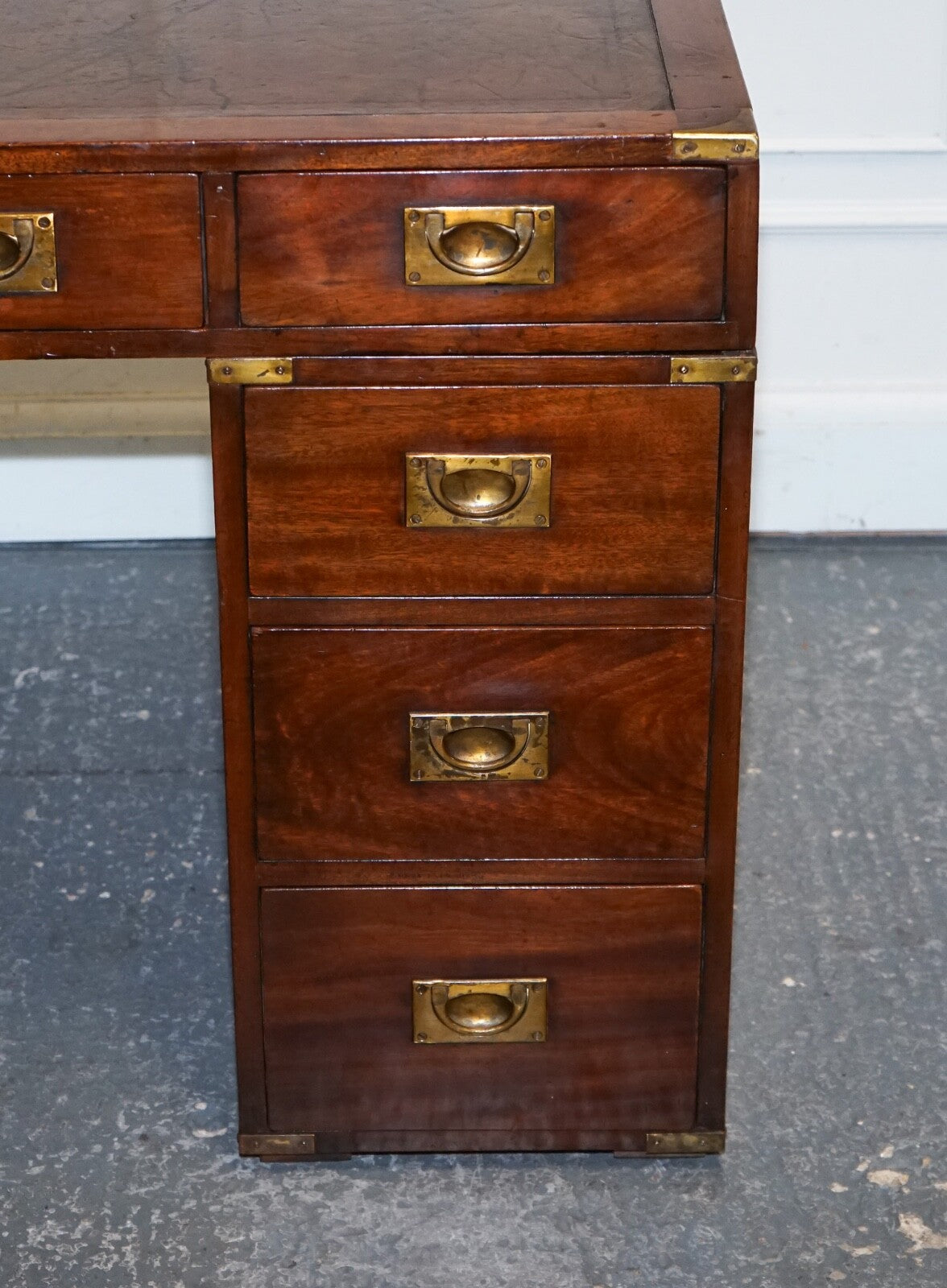 FULLY RESTORED BEVAN FUNNELL MILITARY CAMPAIGN TWIN PEDESTAL DESK BROWN LEATHER