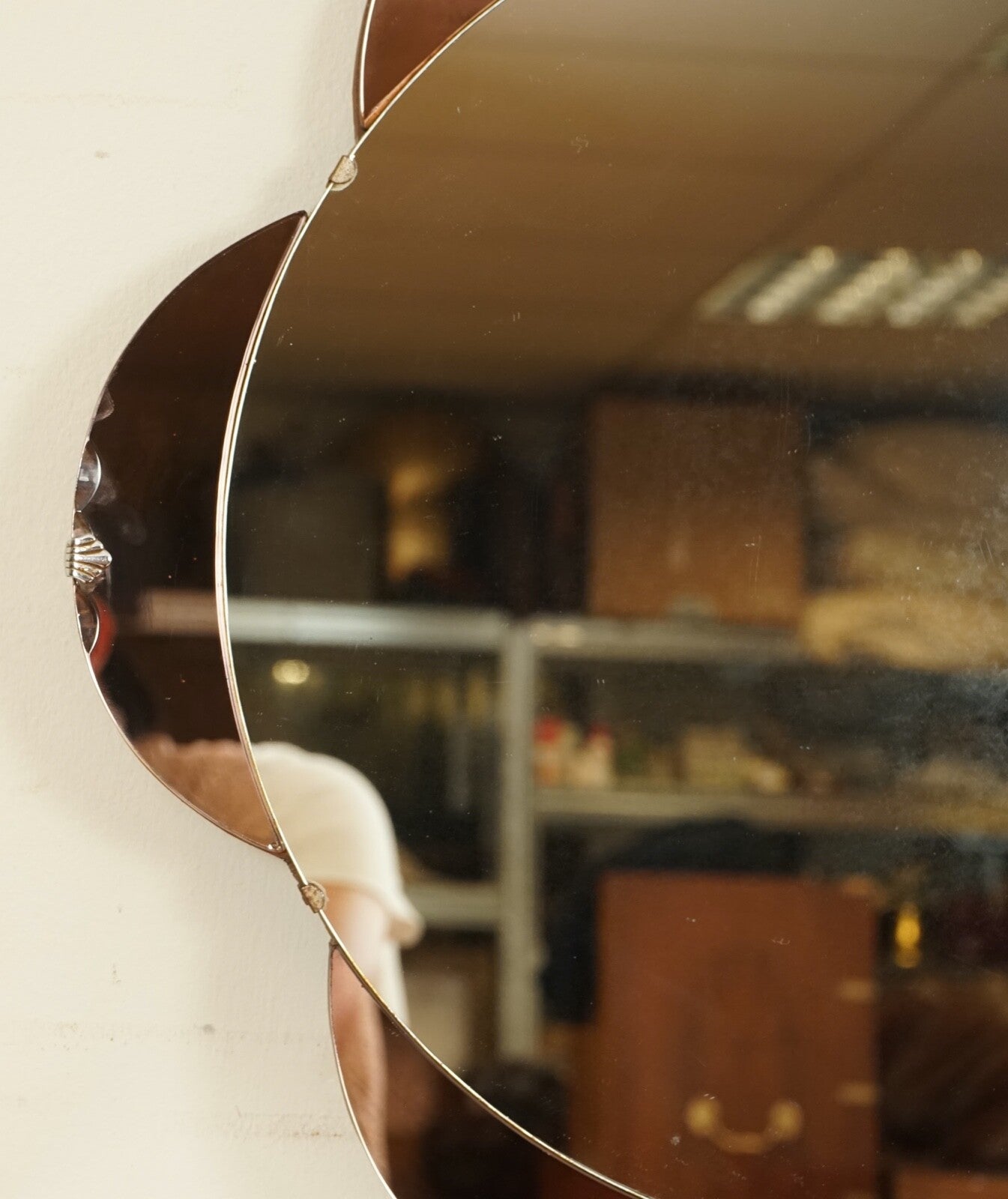 STUNNING 1930's AMBER/PEACH IN SHAPE OF A FLOWER BEVELLED MIRROR