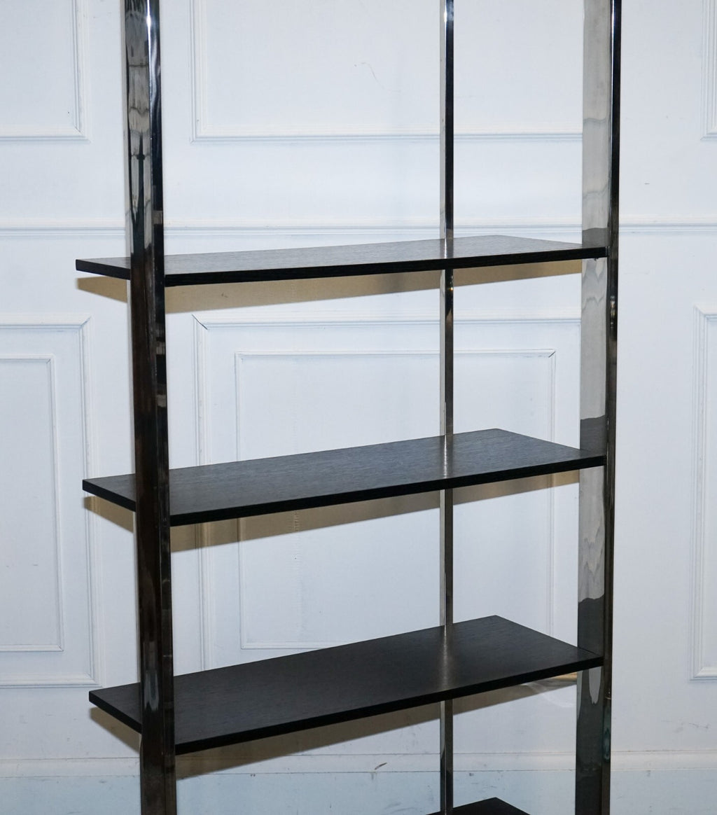 POLISHED STAINLESS STEEL BLACK AND SILVER ART DECO STYLE BOOKCASE SHELF DISPLAY