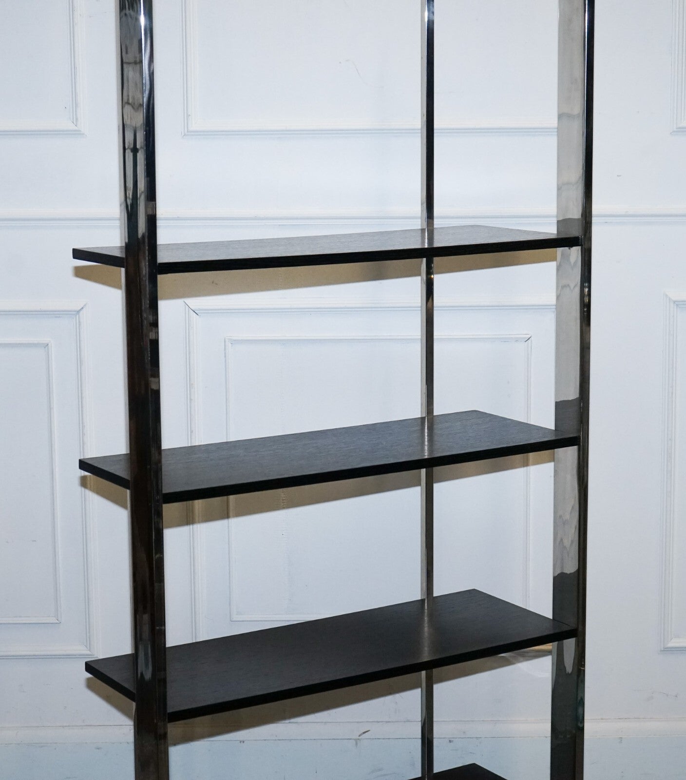 POLISHED STAINLESS STEEL BLACK AND SILVER ART DECO STYLE BOOKCASE SHELF DISPLAY