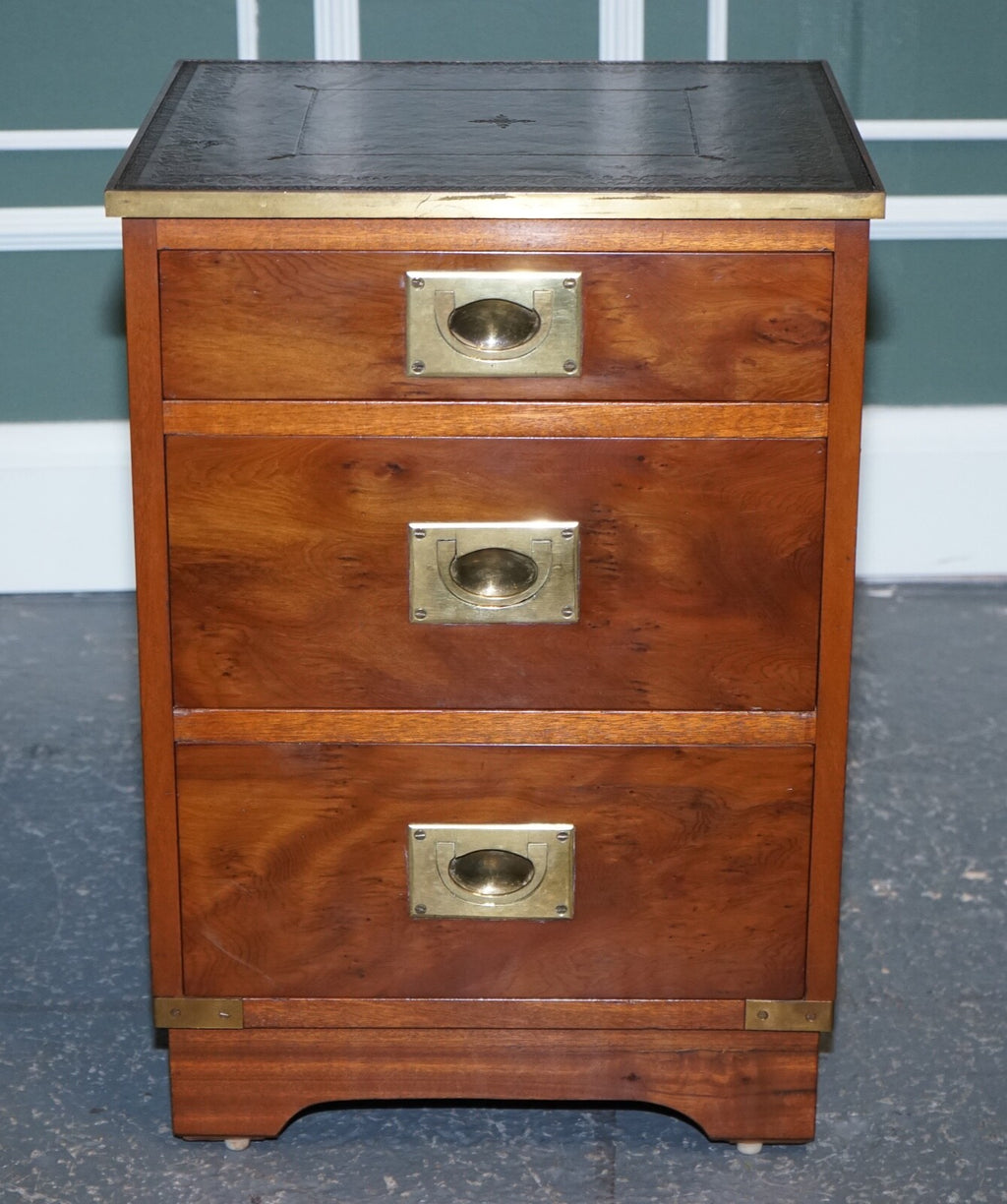 MILITARY CAMPAIGN BEDSIDE NIGHTSTAND END TABLE GREEN LEATHER TOP