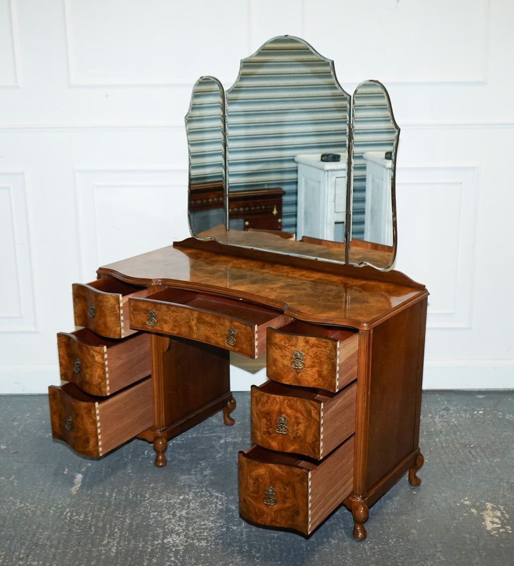 ANTIQUE 1920'S BURR WALNUT ART DECO DRESSING TABLE WITH PLENTY OF DRAWERS