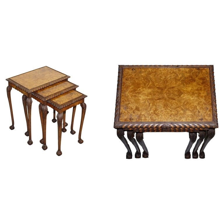 STUNNING BURR WALNUT NEST OF  THREE TABLES CARVED CLAW & BALL FEET