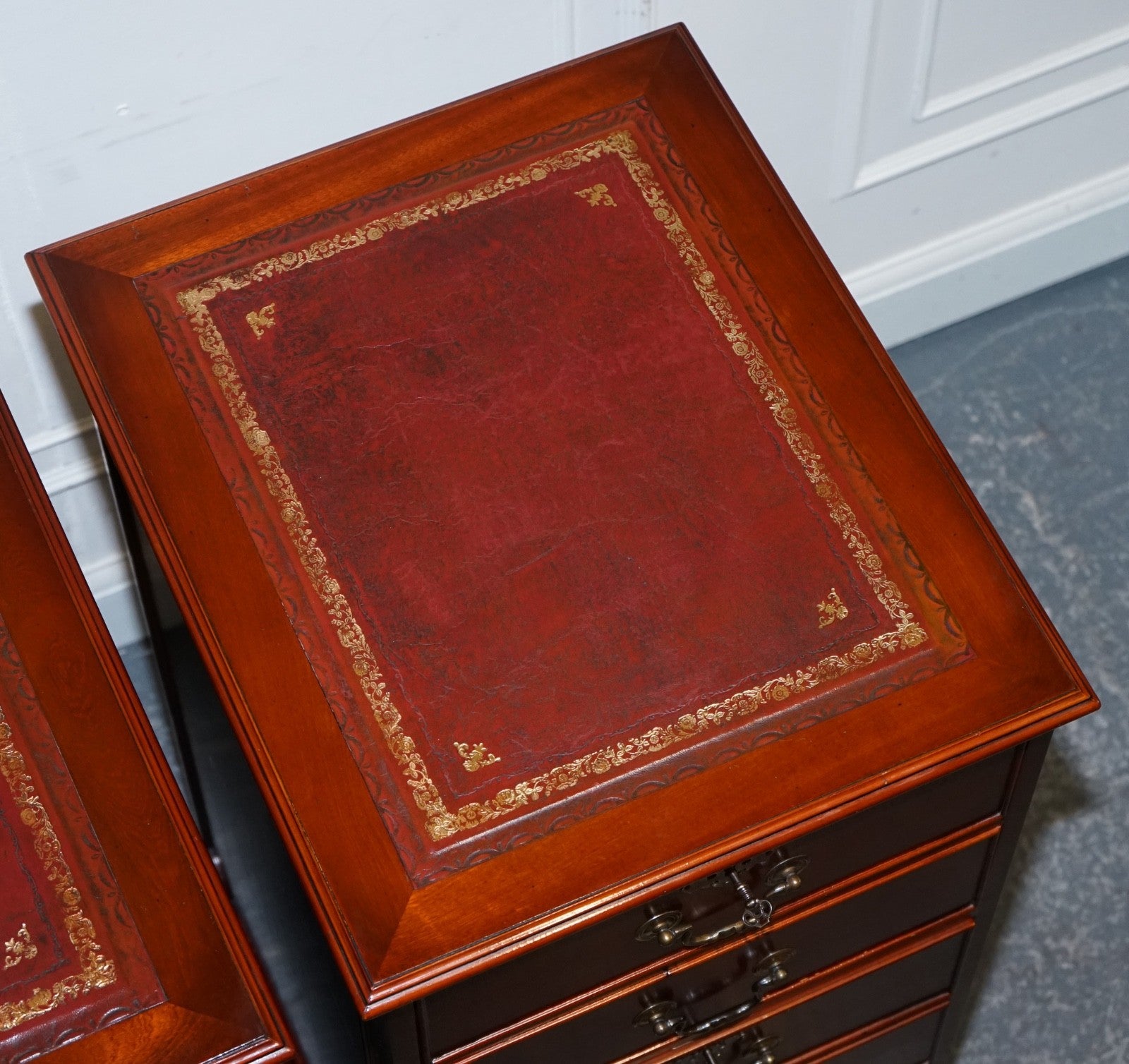 PAIR OF FILLING CABINETS BURGUNDY LEATHER GOLD EMBOSSED TOP 3 SPACIOUS DRAWERS
