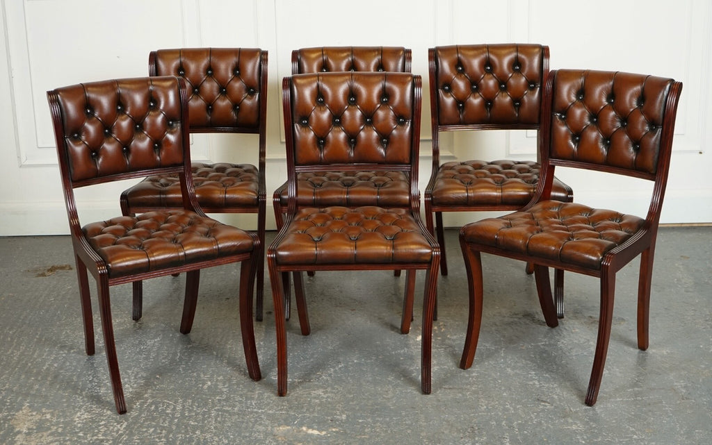 SET OF 6 RESTORED CHESTERFIELD LEATHER DINING CHAIRS J1