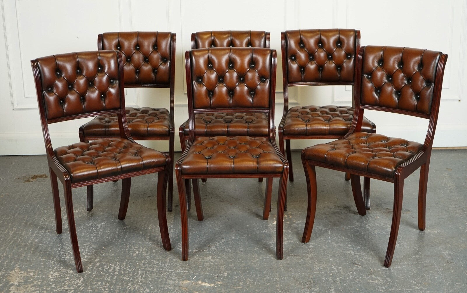 SET OF 6 RESTORED CHESTERFIELD LEATHER DINING CHAIRS J1