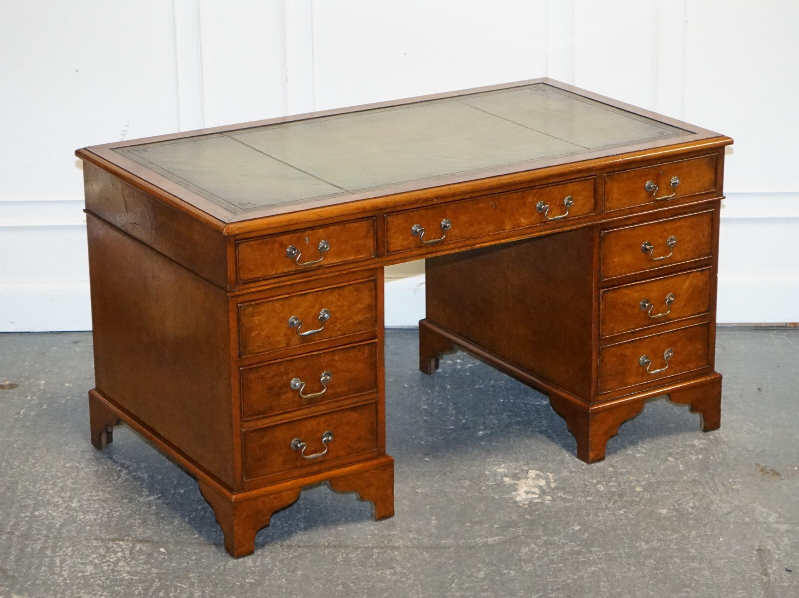 ONE OF A KiND RESTORED VICTORIAN BURR WALNUT HAND DYED LEATHER PEDESTAL DESK