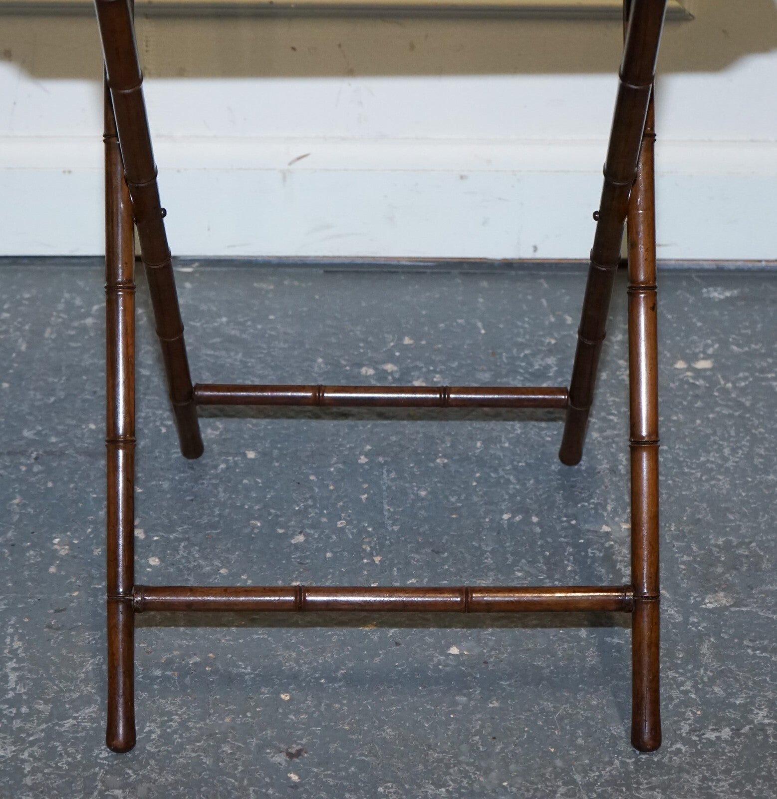 VICTORIAN DOUBLE SIDED SERVING TRAY ON BAMBOO STAND BRASS HANDLES MARQUETRY TOP