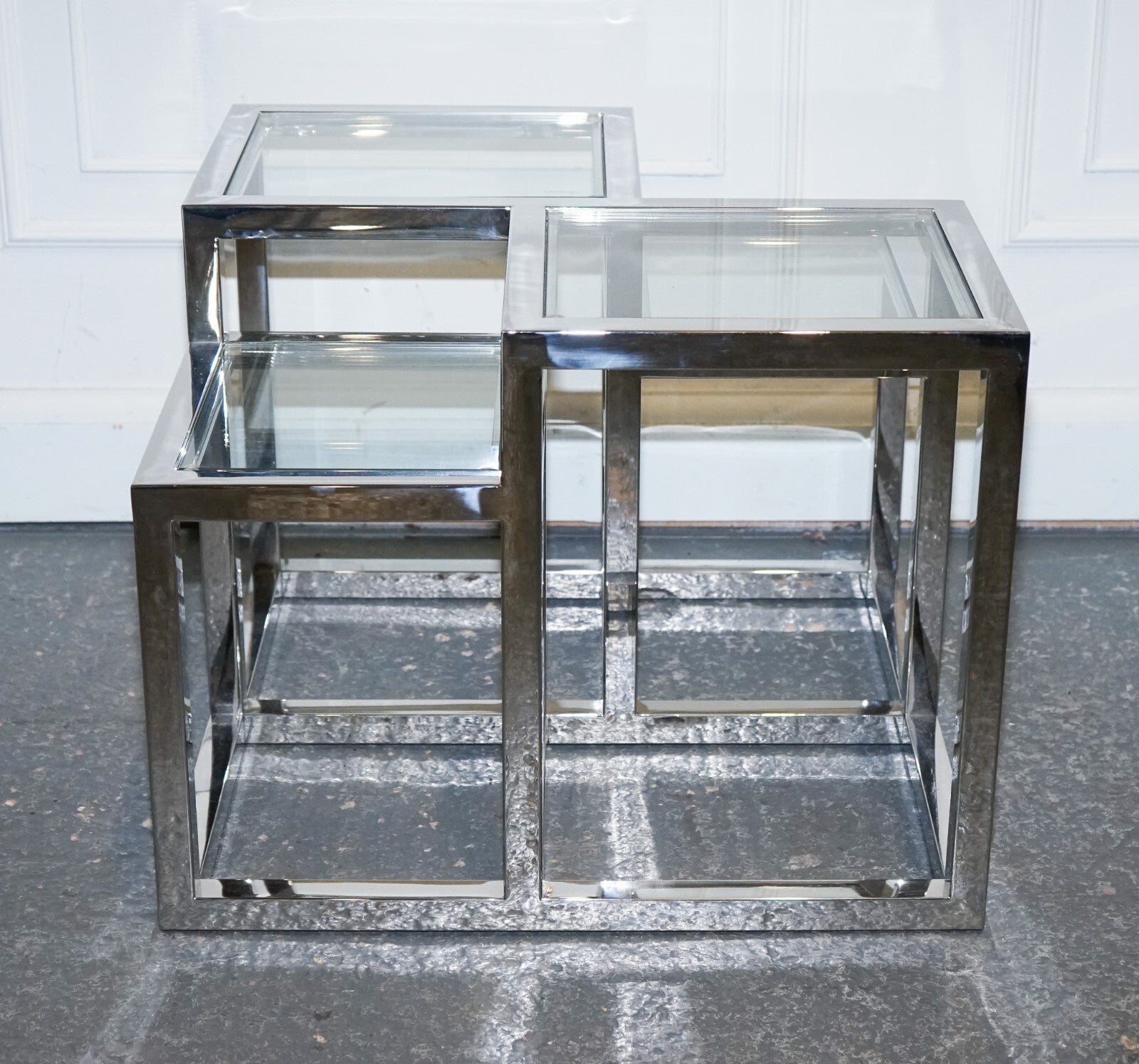 PAIR OF CASA PADRINO ART DECO STYLE GLASS POLISHED STAINLESS STEEL SIDE TABLES