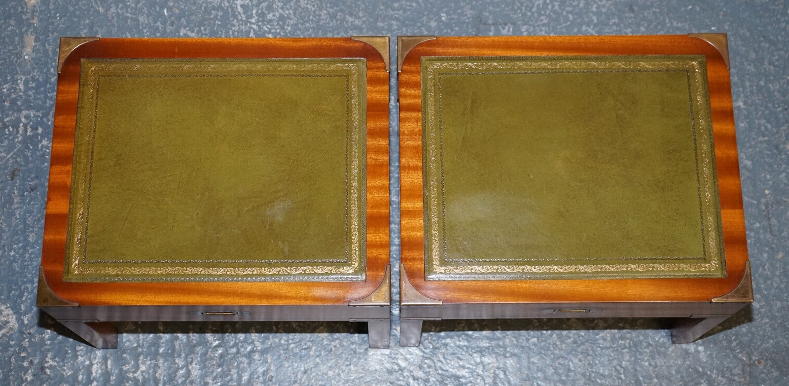 BEVAN FUNNELL COFFEE TABLE WITH TWO SIDE UNDERTABLES GREEN LEATHER TOP