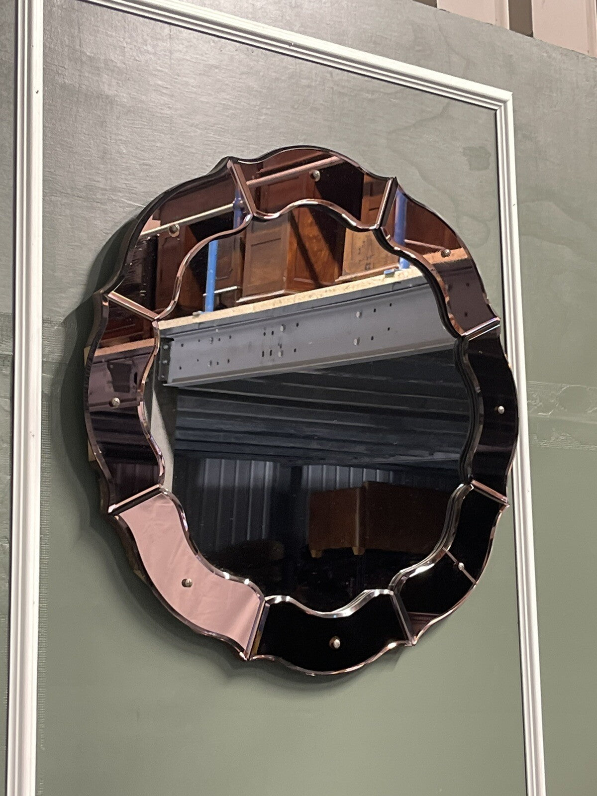 STUNNING FRENCH ART DECO 1920'S CONVEX PEACH COLOURED WALL MIRROR