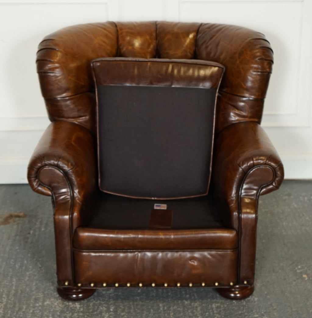FULLY RESTORED HAND DYED LEATHER WRITERS READING ARMCHAIR WITH FOOTSTOOL