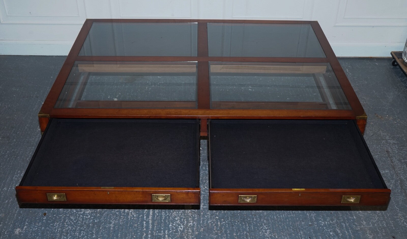 VERY LARGE COFFEE TABLE WITH INLAID GLASS PANELS  MADE BY KENNEDY HARRODS