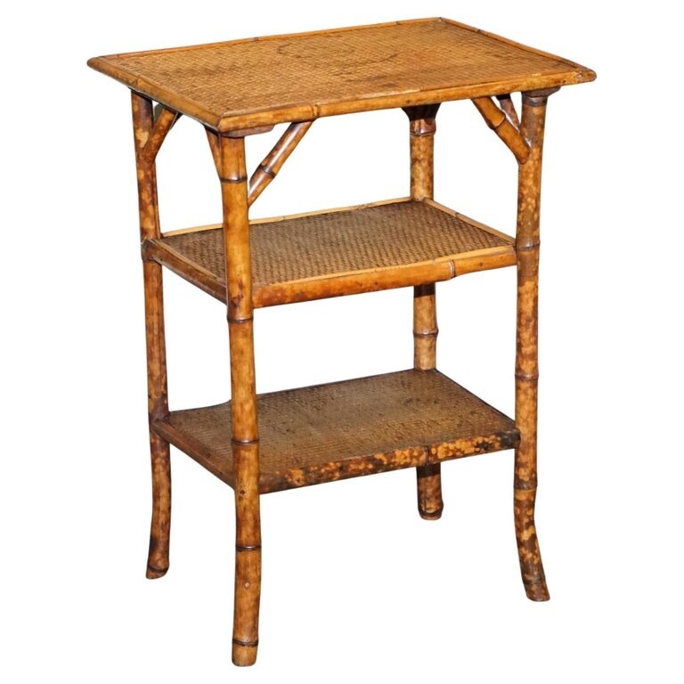 ANTIQUE ENGLISH BURNT BAMBOO THREE TIER SIDE END LAMP TABLE