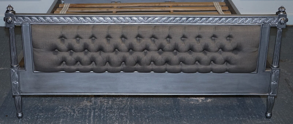 BEAUTIFUL FRENCH SILVER FRAME BUTTON BACKED KING SIZE WOODEN BED FRAME