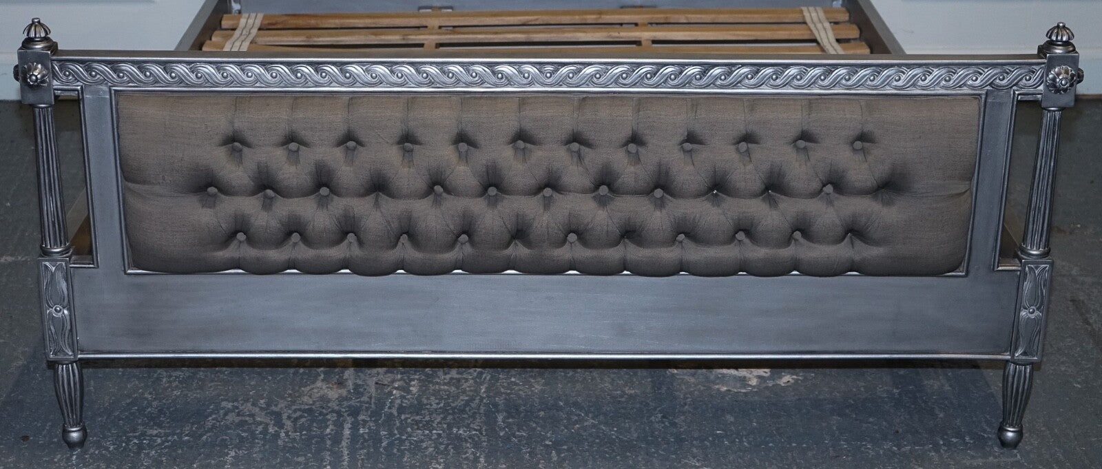BEAUTIFUL FRENCH SILVER FRAME BUTTON BACKED KING SIZE WOODEN BED FRAME