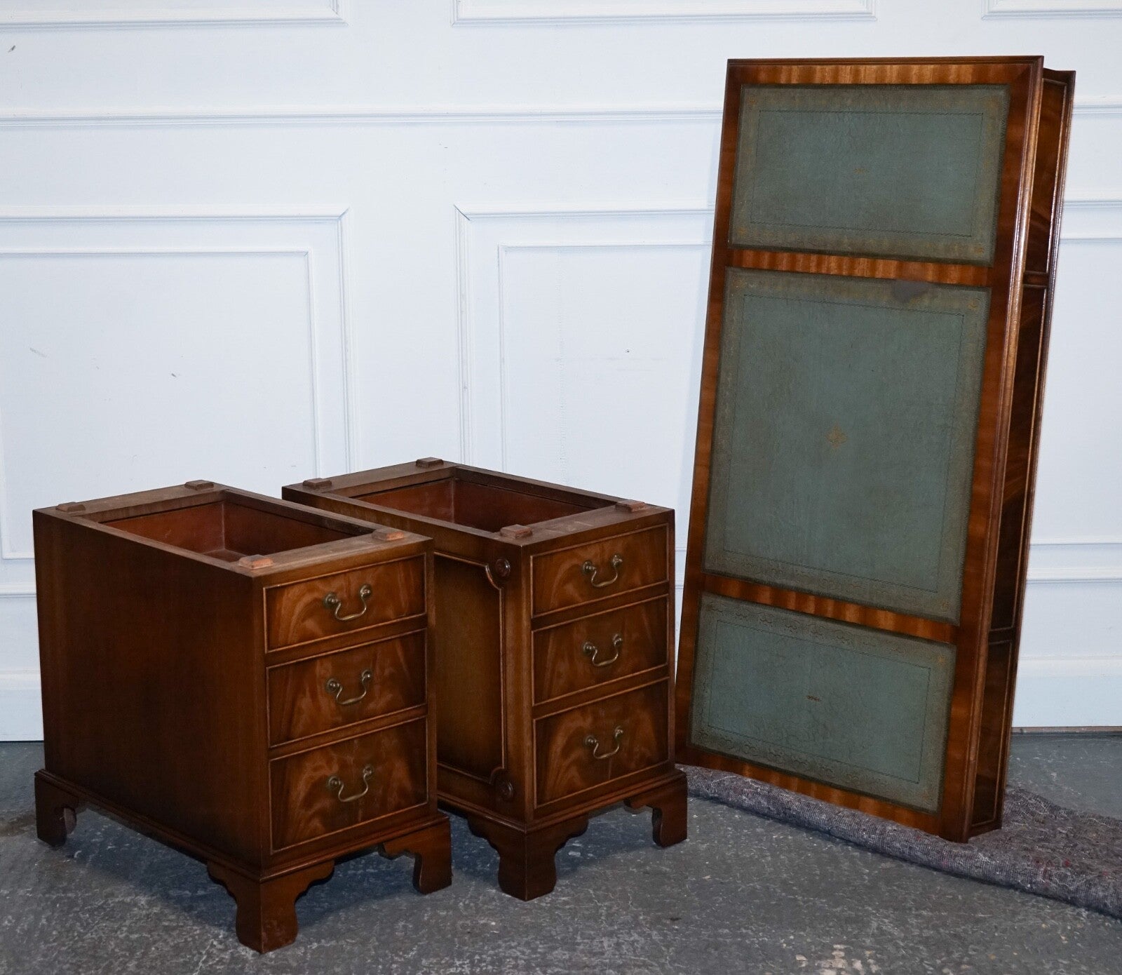 VINTAGE BEVAN FUNNELL SAGE BLUE GOLD EMBOSSED LEATHER TOP PEDESTAL DESK