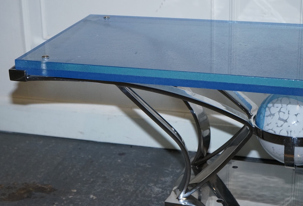 RARE CUSTOM HAND MADE GLASS MARINE GRADE STAINLESS STEEL COFFEE TABLE BY SOLIART
