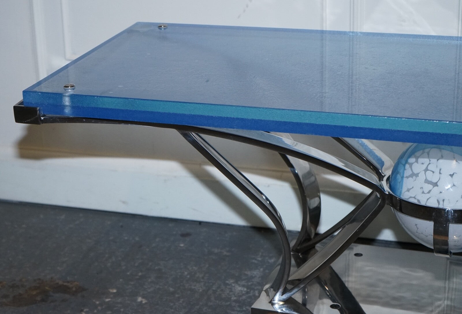 RARE CUSTOM HAND MADE GLASS MARINE GRADE STAINLESS STEEL COFFEE TABLE BY SOLIART