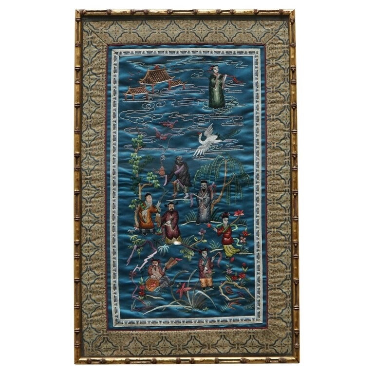 VINTAGE CHINESE HAND EMBROIDERED SILK TAPESTRY PANEL IN FAUX GILT BAMBOO FRAME