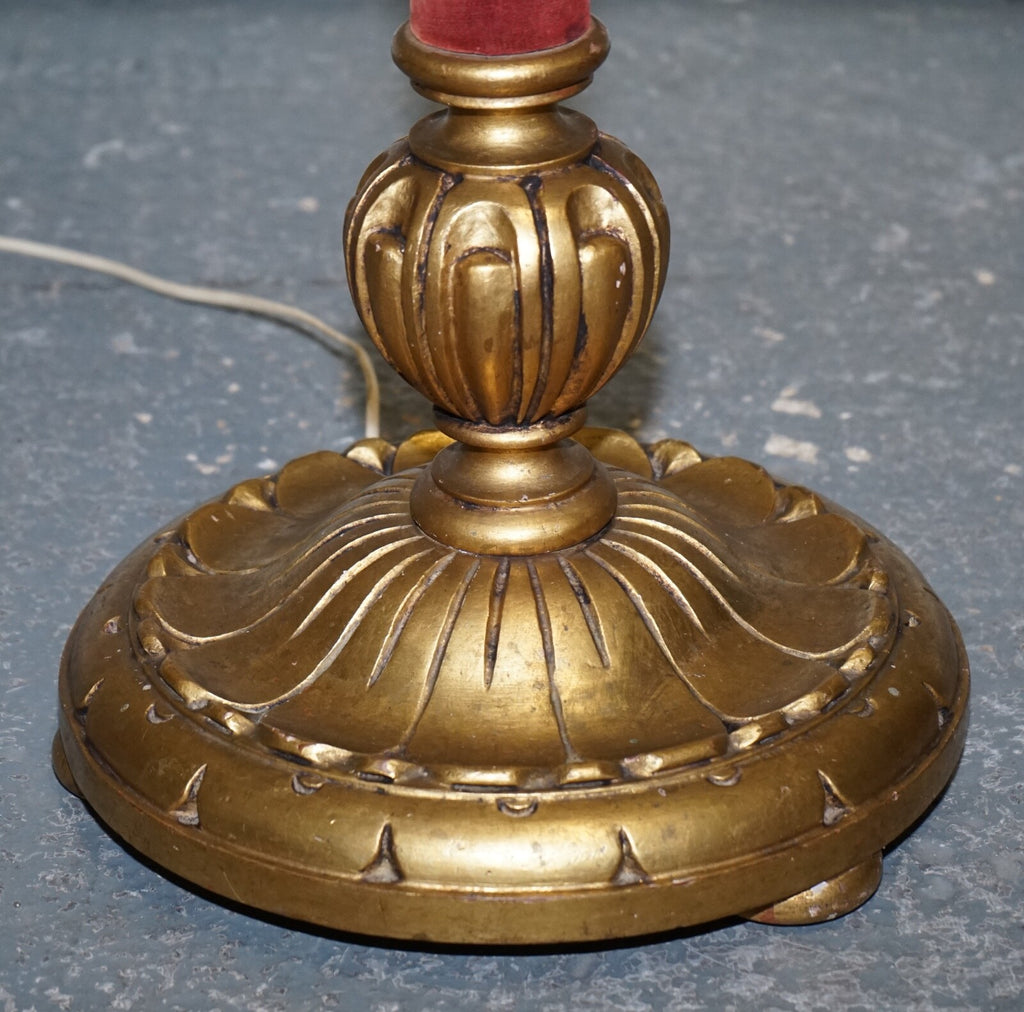 CIRCA 1940 ITALIAN RED FABRIC AND GILT FLOOR STANDING LAMP WITH ORIGINAL SHADE